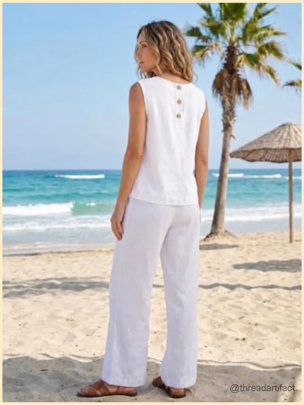 Women's Linen Cap Sleeve Tank Top Casual Summer Crop Top Blouse - Picture 5 of 5